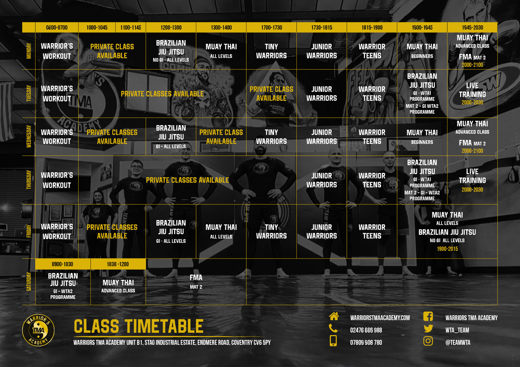Warriors TMA Academy 2023 Classes Time Table