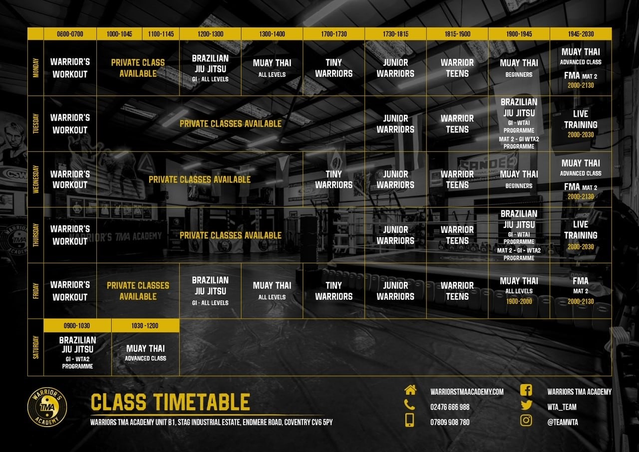 Warriors TMA Academy 2023 Classes Time Table